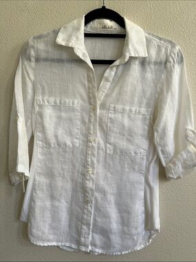 BELLA DAHL Linen Button Down Utility Roll-Tab 3/4 S-Sleeve Shirt White XS